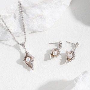 Sterling Silver + Natural Pearl jewelry set women ConchShell Necklace + Earrings
